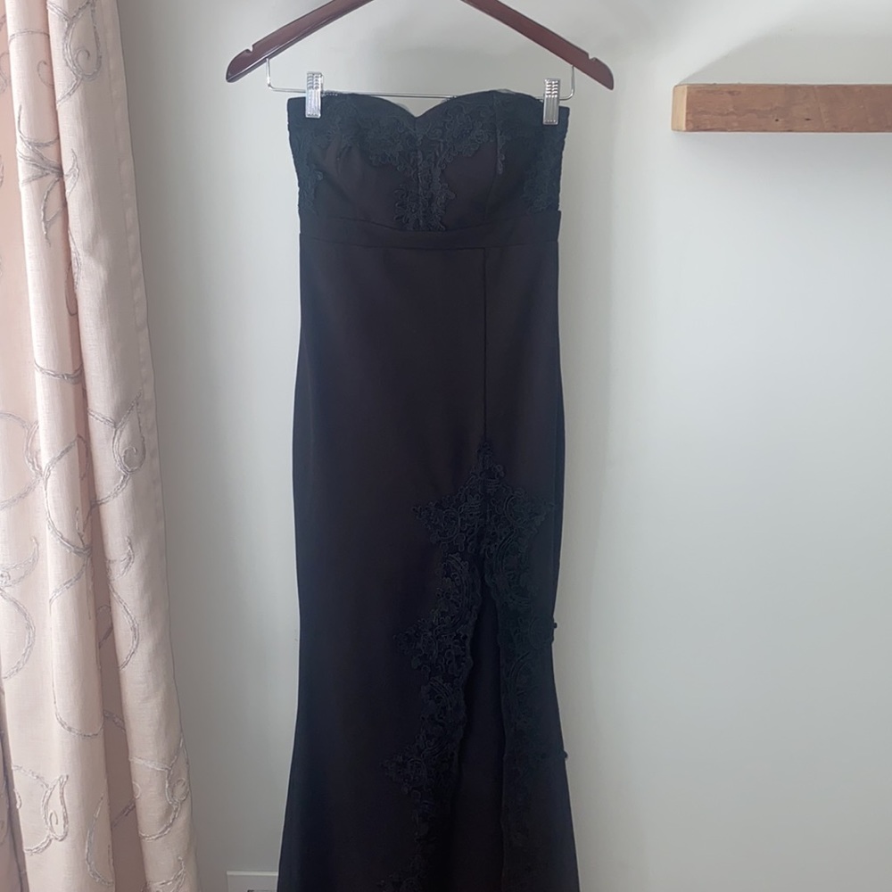 Lulus Strapless Gown Embroidered Dress Slide Slit Formal Cocktail Padded Bust XS